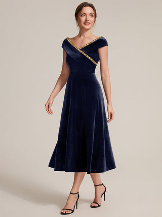 Commercial Plus Size Sleeveless Velvet V-Neck Sequin A-Line Wedding Guest Dresses