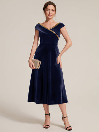 Commercial Plus Size Sleeveless Velvet V-Neck Sequin A-Line Wedding Guest Dresses