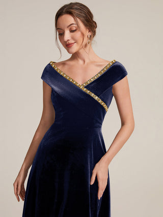 Commercial Plus Size Sleeveless Velvet V-Neck Sequin A-Line Wedding Guest Dresses