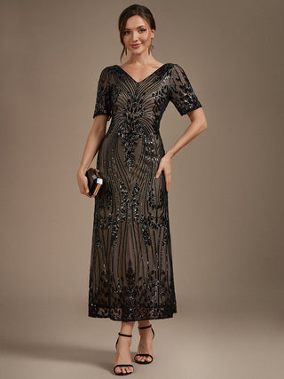 Short Sleeve Sheath Sequined V-Neck Wedding Guest Dresses