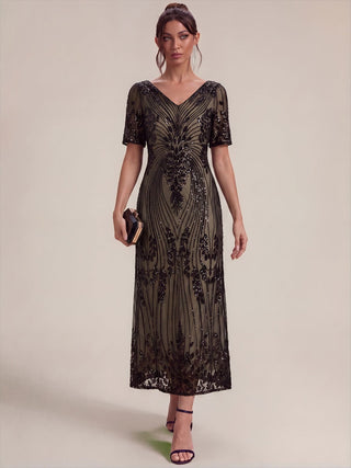 Short Sleeve Sheath Sequined V-Neck Wedding Guest Dresses