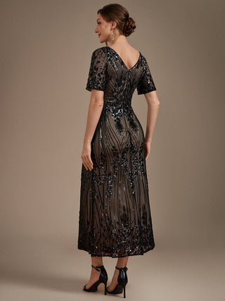 Short Sleeve Sheath Sequined V-Neck Wedding Guest Dresses