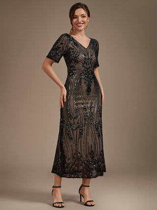 Short Sleeve Sheath Sequined V-Neck Wedding Guest Dresses