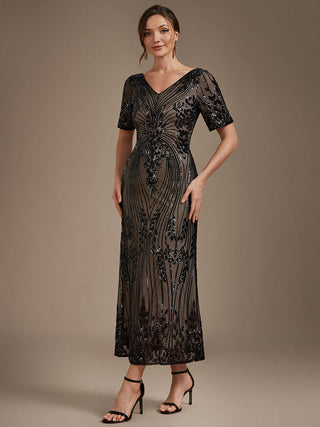 Short Sleeve Sheath Sequined V-Neck Wedding Guest Dresses