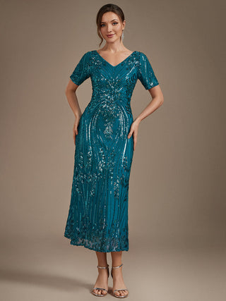 Short Sleeve Sheath Sequined V-Neck Wedding Guest Dresses