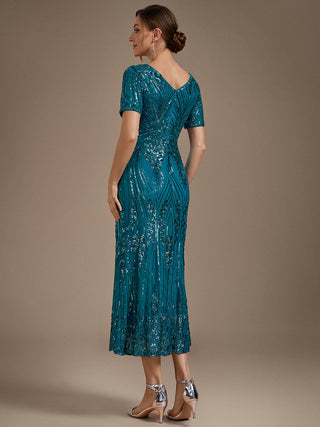 Short Sleeve Sheath Sequined V-Neck Wedding Guest Dresses