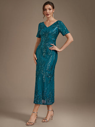 Short Sleeve Sheath Sequined V-Neck Wedding Guest Dresses