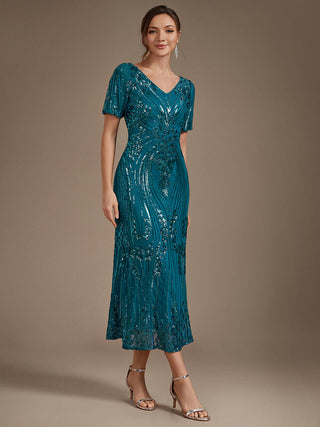 Short Sleeve Sheath Sequined V-Neck Wedding Guest Dresses