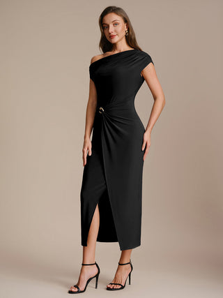 Short Sleeves Off Shoulder Bodycon High Stretch Midi Wedding Guest Dresses
