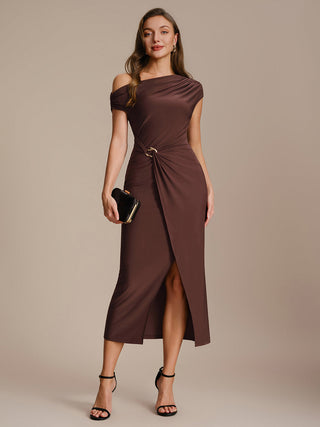 Short Sleeves Off Shoulder Bodycon High Stretch Midi Wedding Guest Dresses