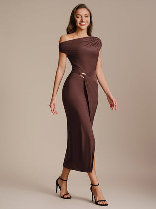Short Sleeves Off Shoulder Bodycon High Stretch Midi Wedding Guest Dresses
