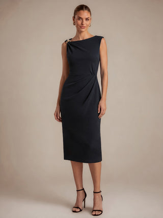 Asymmetric Neckline Crepe Midi Wedding Guest Dresses