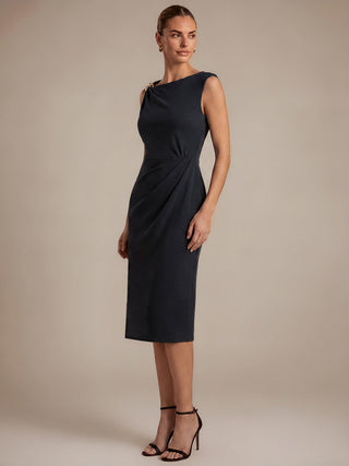 Asymmetric Neckline Crepe Midi Wedding Guest Dresses