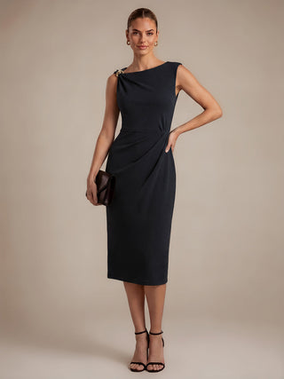 Asymmetric Neckline Crepe Midi Wedding Guest Dresses