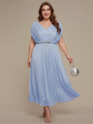 Short Sleeve V-Neck A-Line Tea Length Rhinestone Wedding Guest Dresses