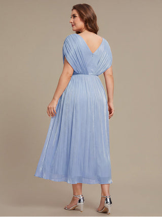 Short Sleeve V-Neck A-Line Tea Length Rhinestone Wedding Guest Dresses