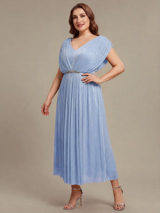 Short Sleeve V-Neck A-Line Tea Length Rhinestone Wedding Guest Dresses