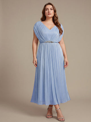 Short Sleeve V-Neck A-Line Tea Length Rhinestone Wedding Guest Dresses