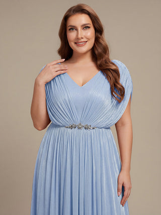 Short Sleeve V-Neck A-Line Tea Length Rhinestone Wedding Guest Dresses