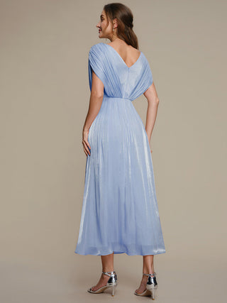 Short Sleeve V-Neck A-Line Tea Length Rhinestone Wedding Guest Dresses