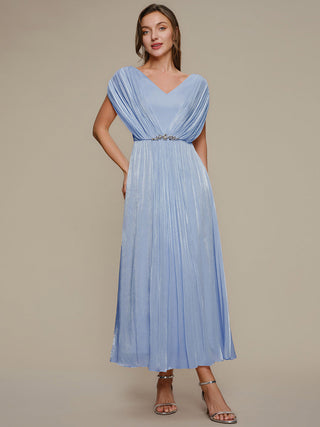 Short Sleeve V-Neck A-Line Tea Length Rhinestone Wedding Guest Dresses