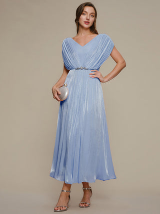Short Sleeve V-Neck A-Line Tea Length Rhinestone Wedding Guest Dresses