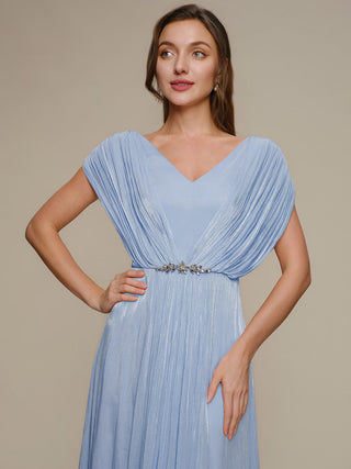 Short Sleeve V-Neck A-Line Tea Length Rhinestone Wedding Guest Dresses