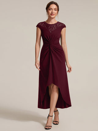 Short Sleeve High Stretch A-Line High-Low Wedding Guest Dress with Knot Detail & Sequins