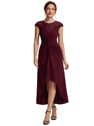 Short Sleeve High Stretch A-Line High-Low Wedding Guest Dress with Knot Detail & Sequins