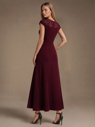 Short Sleeve High Stretch A-Line High-Low Wedding Guest Dress with Knot Detail & Sequins