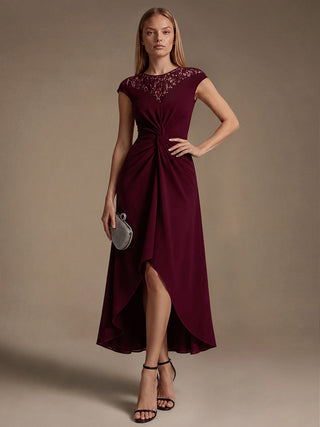Short Sleeve High Stretch A-Line High-Low Wedding Guest Dress with Knot Detail & Sequins