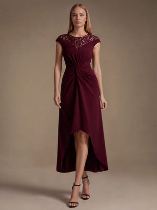 Short Sleeve High Stretch A-Line High-Low Wedding Guest Dress with Knot Detail & Sequins