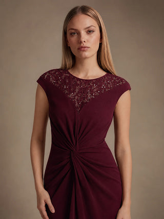 Short Sleeve High Stretch A-Line High-Low Wedding Guest Dress with Knot Detail & Sequins