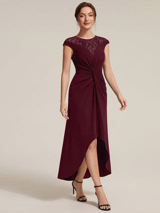 Short Sleeve High Stretch A-Line High-Low Wedding Guest Dress with Knot Detail & Sequins