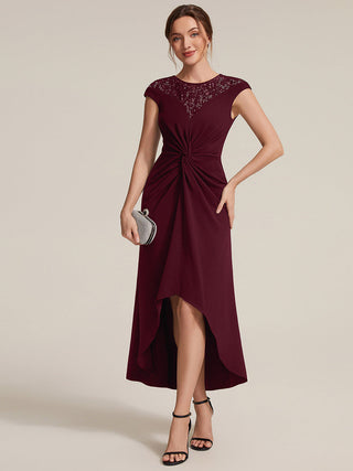 Short Sleeve High Stretch A-Line High-Low Wedding Guest Dress with Knot Detail & Sequins