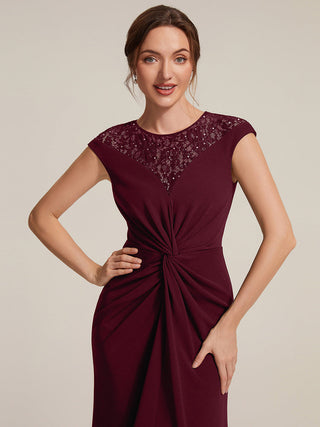 Short Sleeve High Stretch A-Line High-Low Wedding Guest Dress with Knot Detail & Sequins