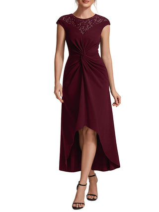 Short Sleeve High Stretch A-Line High-Low Wedding Guest Dress with Knot Detail & Sequins