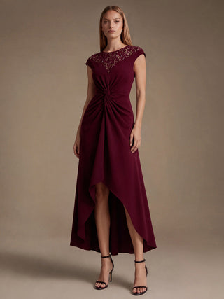 Short Sleeve High Stretch A-Line High-Low Wedding Guest Dress with Knot Detail & Sequins