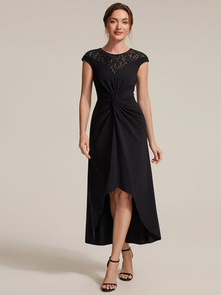 Short Sleeve High Stretch A-Line High-Low Wedding Guest Dress with Knot Detail & Sequins