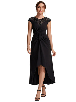 Short Sleeve High Stretch A-Line High-Low Wedding Guest Dress with Knot Detail & Sequins