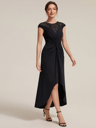 Short Sleeve High Stretch A-Line High-Low Wedding Guest Dress with Knot Detail & Sequins