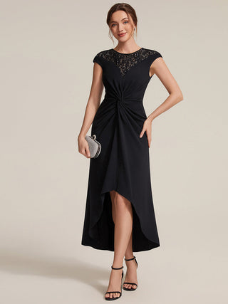 Short Sleeve High Stretch A-Line High-Low Wedding Guest Dress with Knot Detail & Sequins