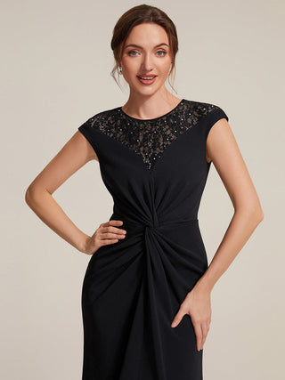 Short Sleeve High Stretch A-Line High-Low Wedding Guest Dress with Knot Detail & Sequins