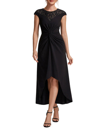 Short Sleeve High Stretch A-Line High-Low Wedding Guest Dress with Knot Detail & Sequins