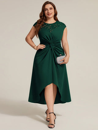 Short Sleeve High Stretch A-Line High-Low Wedding Guest Dress with Knot Detail & Sequins