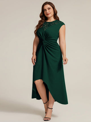 Short Sleeve High Stretch A-Line High-Low Wedding Guest Dress with Knot Detail & Sequins