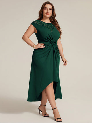 Short Sleeve High Stretch A-Line High-Low Wedding Guest Dress with Knot Detail & Sequins