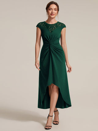 Short Sleeve High Stretch A-Line High-Low Wedding Guest Dress with Knot Detail & Sequins