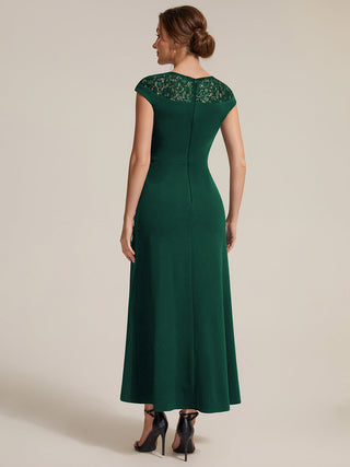 Short Sleeve High Stretch A-Line High-Low Wedding Guest Dress with Knot Detail & Sequins