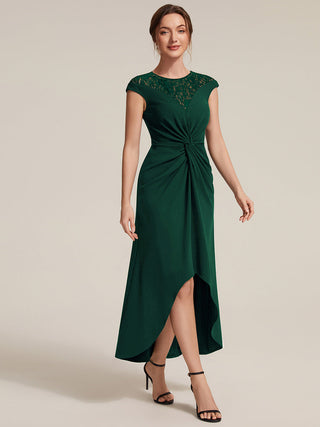 Short Sleeve High Stretch A-Line High-Low Wedding Guest Dress with Knot Detail & Sequins